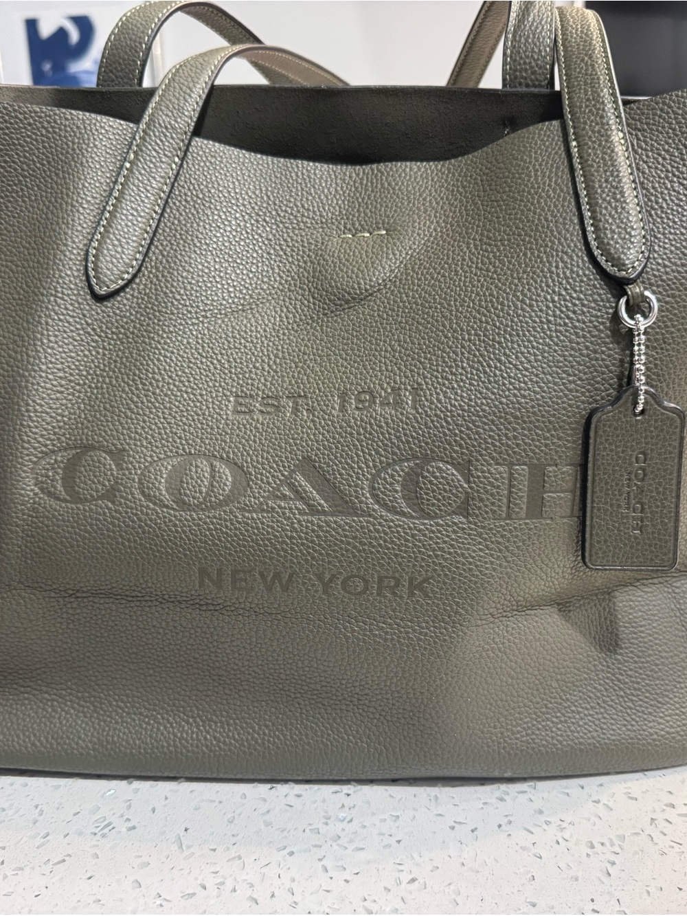 Coach Olive Pebbled Leather Tote with Logo Tag